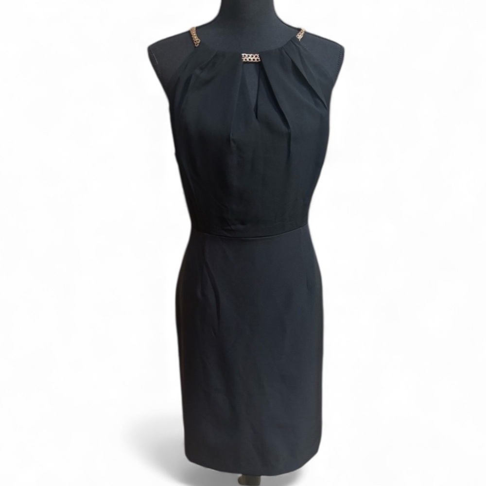 ASHLEY GRAHAM BLACK SLEEVELESS FORMAL GOLD CHAIN HALTER STYLE MIDI DRESS SZ 14 - Picture 9 of 10